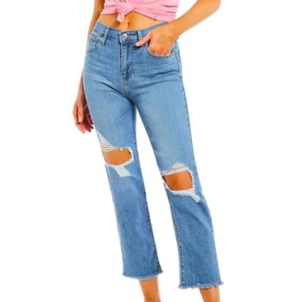 LEVIS 724 HIGHRISE STRAIGHT Raw Hem Distressed Knees Size 31